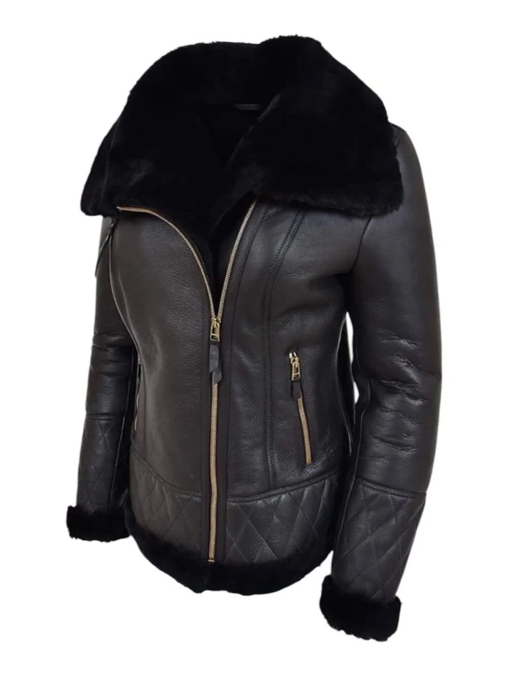 Shearling Aviator Jacket Womens Black 100% Sheepskin Leather B3 Bomber Coat XL - Picture 6 of 10